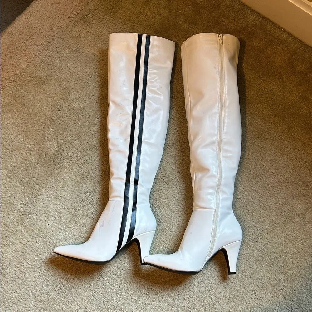 Wild Diva White Thigh-High Boots with Black Stripe
